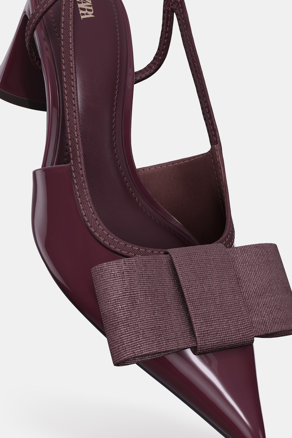 ZARA ТУФЛИ-МЮЛИ НА КАБЛУКЕ С БАНТОМ, БОРДОВО-КРАСНЫЙ