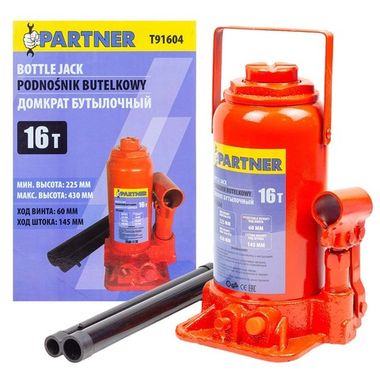 Домкрат бутылочный 16т с клапаном (h min 225мм, h max 430мм, ход штока-145мм, ход винта-60мм) Partner PA-T91604