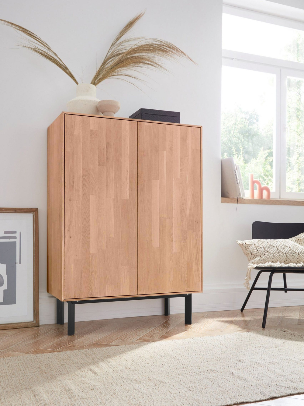 Комод 85х40х119 Виби, для вещей и одежды, 2 двери, массив дуба на металлических ножках, в стиле лофт, Dipriz