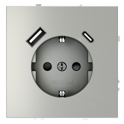 Розетка встраиваемая VOLTUM S70 с заземлением и защитными шторками, 16А, с USB, A+С, (сталь)
