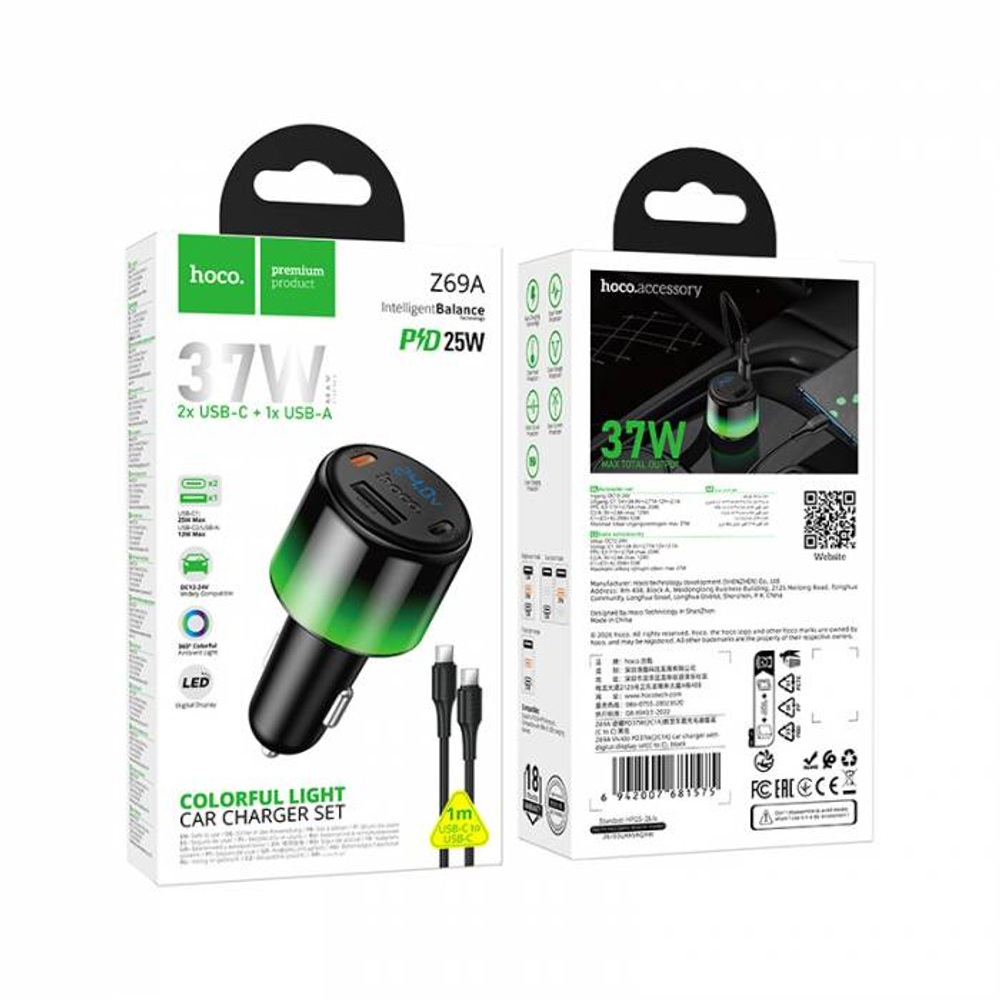 Автомобильное зарядное устройство для Type-C Hoco Z69A PD37W(2C1A) (black)