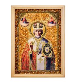 AMB-51/13 Икона «Николай Чудотворец» (с янтарной крошкой) дер.рамка 21х30