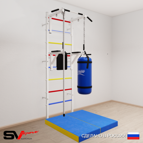 Шведская стенка Sv Sport усиленная 6706 (Турник стандарт/Брусья/Канат/Цепь/Мешок 22кг/Мат 1м)