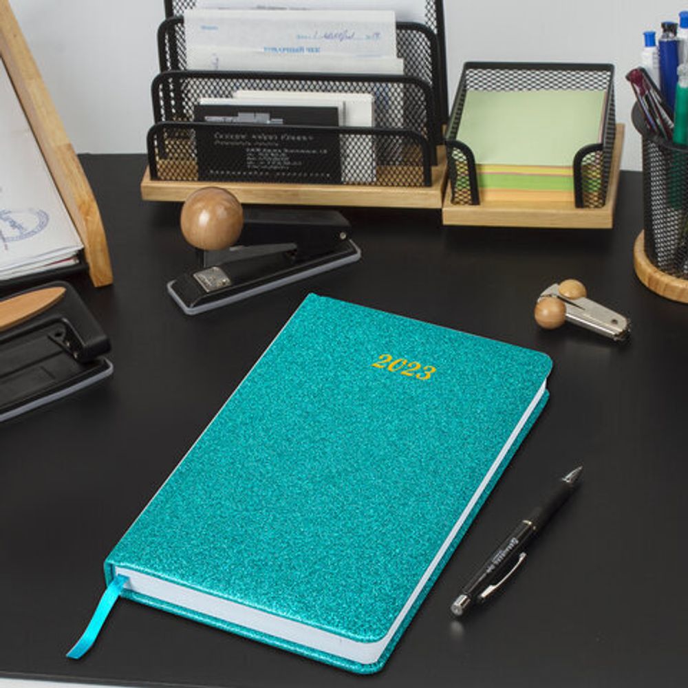 Ежедневник датированный 2023 А5 138x213 мм BRAUBERG "Sparkle", под кожу, блестки, бирюзовый, 114111