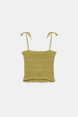 ZARA ТОП НА БРЕТЕЛЯХ СО СБОРКАМИ, ОЛИВКОВЫЙ