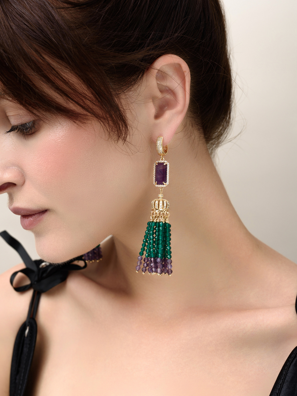 Серьги "Queen" из зеленого агата и аметиста Gold