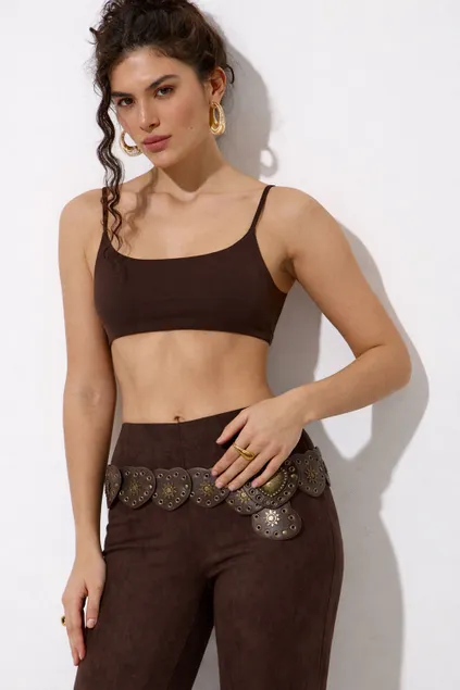 Кроп топ на бретелях из хлопка шоколадного цвета