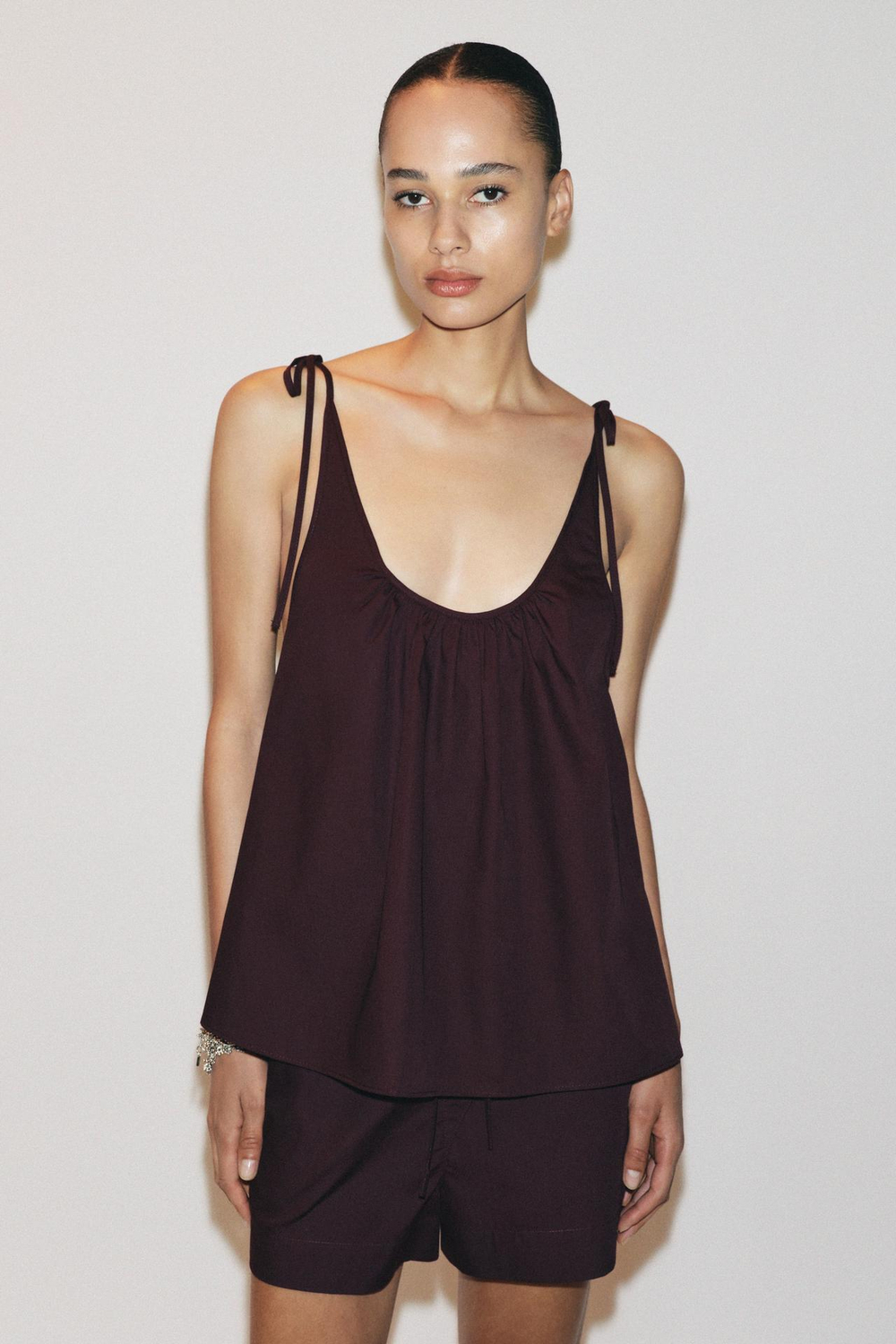 ZARA ТОП ИЗ ПОПЛИНА С ЗАВЯЗКАМИ, БОРДОВЫЙ