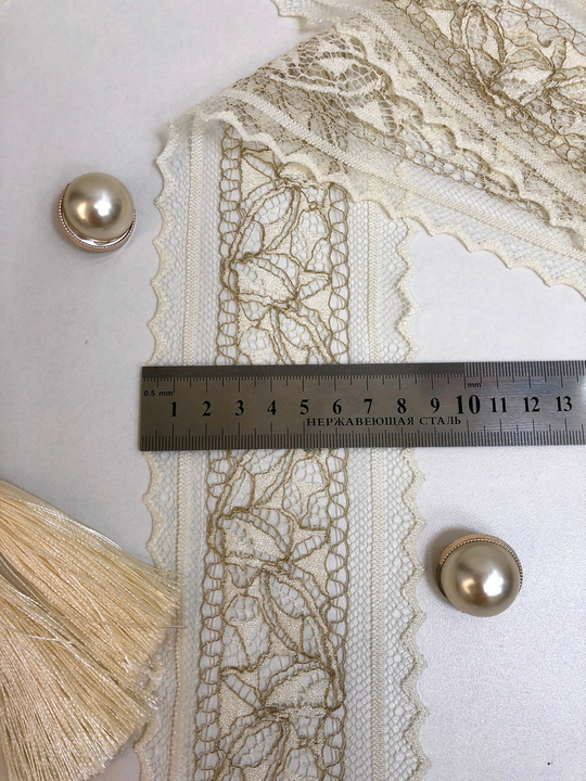 кружево крем,  7,5см,стрейч, люрекс золото ING