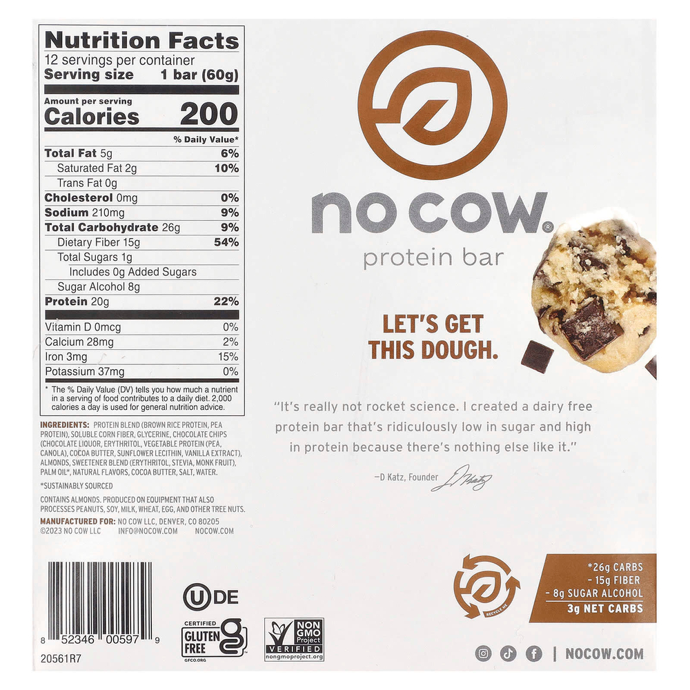 No Cow, Протеиновый батончик, тесто с шоколадной крошкой, 12 батончиков, 60 г (2,12 унции)