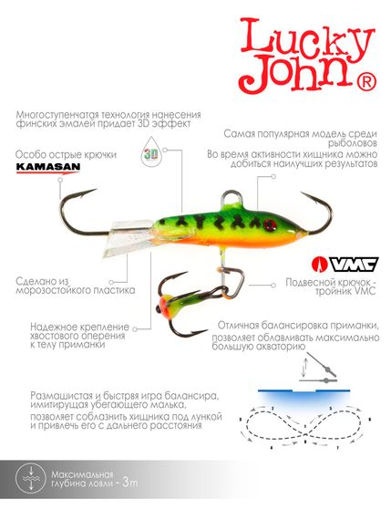 Балансир Lucky John CLASSIC 3 с тр. 30мм/20 блистер