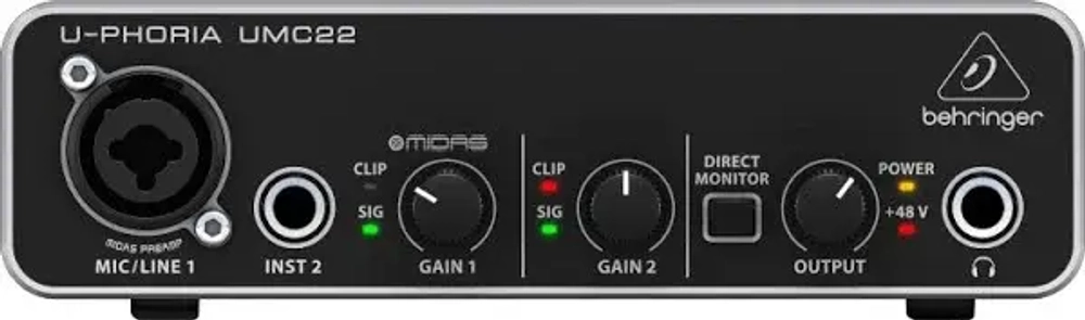 Behringer UMC22 - USB - аудиоинтерфейс, 2входа, 2 выхода, микрофонный предусилитель MIDAS.