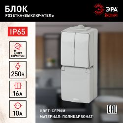 11-7608-03 ЭРА Блок розетка+выкл. двойн. верт. IP65, 16A(10AX)-250В, ОУ, Эра Эксперт, серый