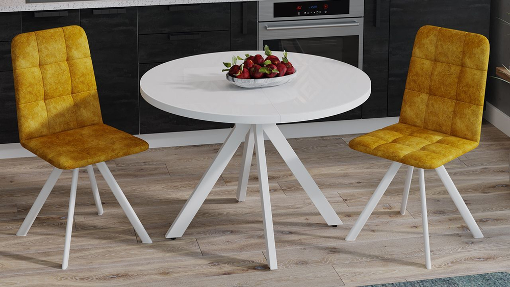 Стол кухонный обеденный круглый раздвижной Чёрный Муар/Стекло Глянцевое Белое, Стокгольм, 100,3х100,3х75 см