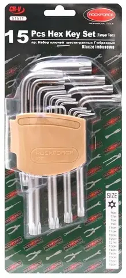 Набор ключей RF-5151T TORX Г-образных с отверстием,15пр. (Т6Н-Т10Н,Т15Н,Т20Н,Т25Н,Т27Н,Т30Н,Т40Н,Т45Н,Т50Н,Т55Н,Т60Н) в пласт держателе ROCKFORCE