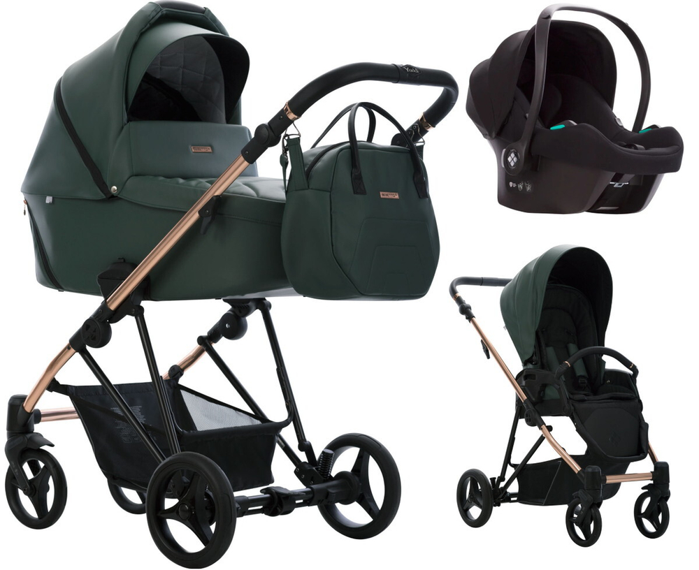 Детская коляска Bebetto Yoddi Premium Class 3 в 1 с автокреслом Avionaut Cosmo 04 зеленая кожа рама бронза
