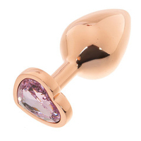 Золотистая анальная пробка OYO 7,3см с нежно-розовым кристаллом-сердцем