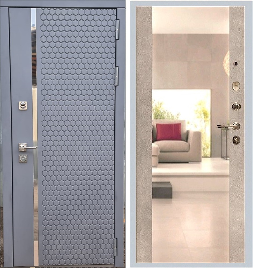 Входная металлическая дверь с зеркалом Рекс 24 Силк Титан / зеркало СБ-16 Бетон светлый 12 мм