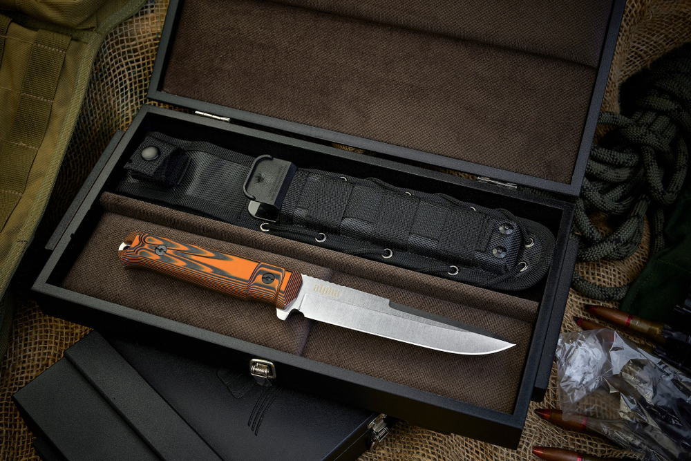 Подарочный набор: Alpha D2 Stonewash Black-Orange G10 и шкатулка 80 лет Великой Победы