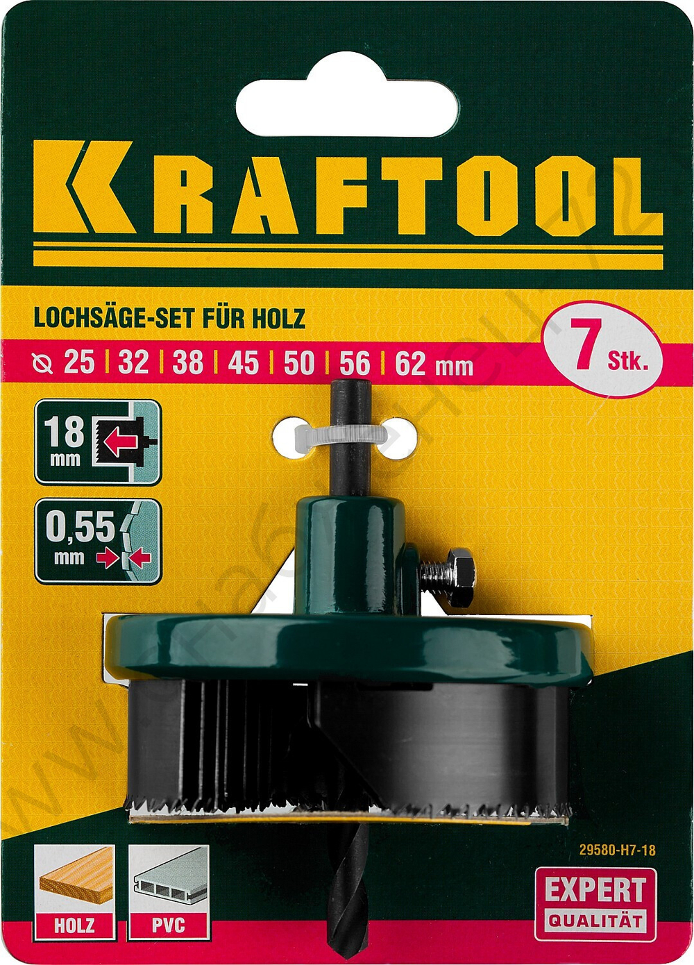 KRAFTOOL 7шт(25-62/18мм), кольцевая пила по дереву, сегментная, наборная: 25-32-38-45-50-56-62х18 мм