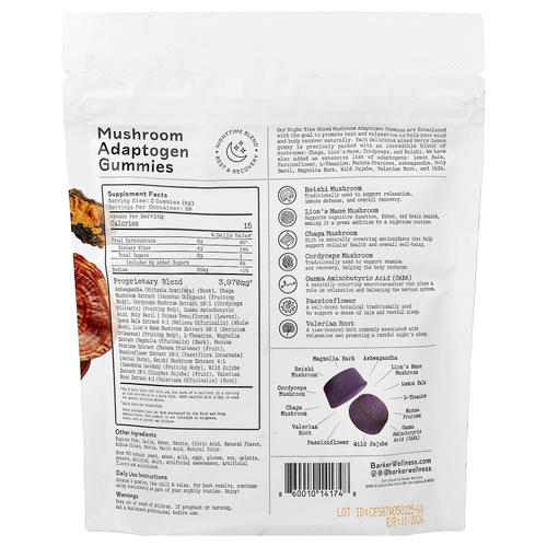 Barker Wellness Co, Nighttime Blend, жевательная смесь грибов и адаптогенов, со вкусом ягод и лимона, 60 жевательных таблеток