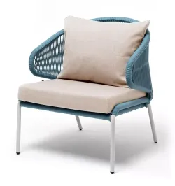 "Милан" кресло плетеное из роупа, каркас алюминий светло-серый (RAL7035) шагрень, роуп бирюзовый круглый, ткань бежевая 035