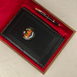 Ежедневник А5 "Русская тройка" (обложка из натуральной кожи) с росписью Палех и ручкой в футляре