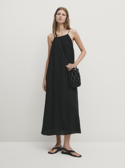 Massimo Dutti Платье миди с горловиной халтер и складками, черный