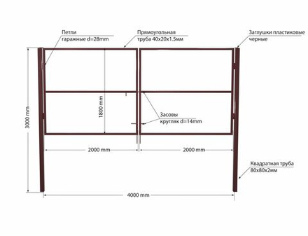Ворота 4,0х1,8 м распашные садовые со столбами, открывание наружу (только каркас).