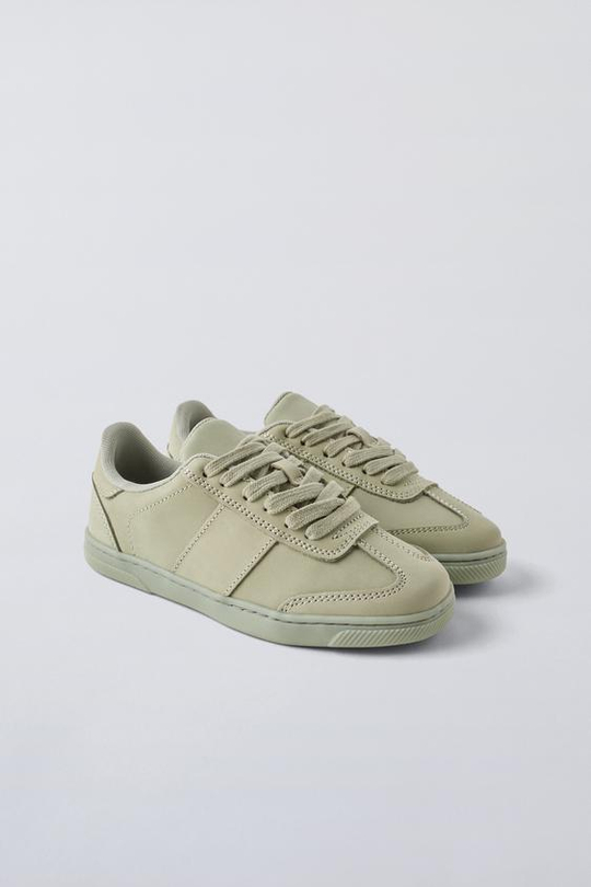 ZARA КОЖАНЫЕ КРОССОВКИ, ЗЕЛЕНЫЙ ХАКИ