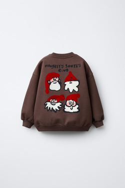 ZARA ТОЛСТОВКА «ДЕД МОРОЗ» С РЕЛЬЕФНЫМ ПРИНТОМ, КОРИЧНЕВЫЙ