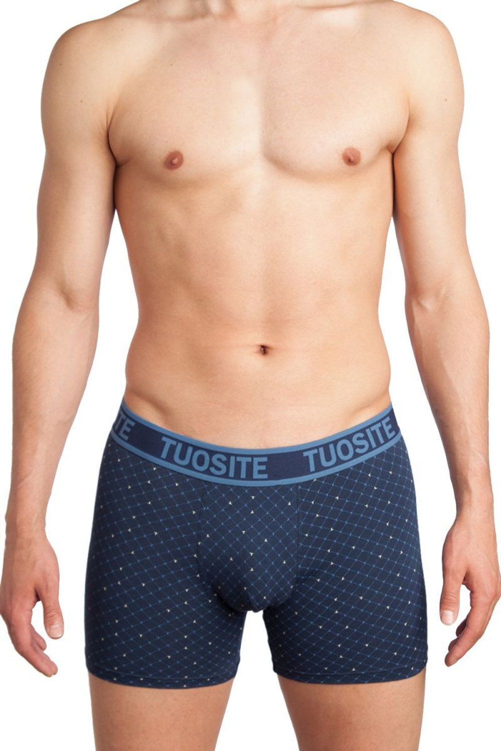 Удлиненные трусы-боксеры с принтом-решеткой (Размер: M) (Цвет: синий)