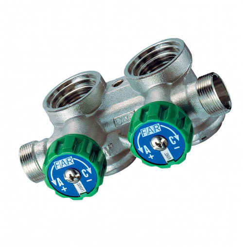 Коллектор регулирующий 3/4", проходной, параллельный, 2 отвода 1/2" FAR