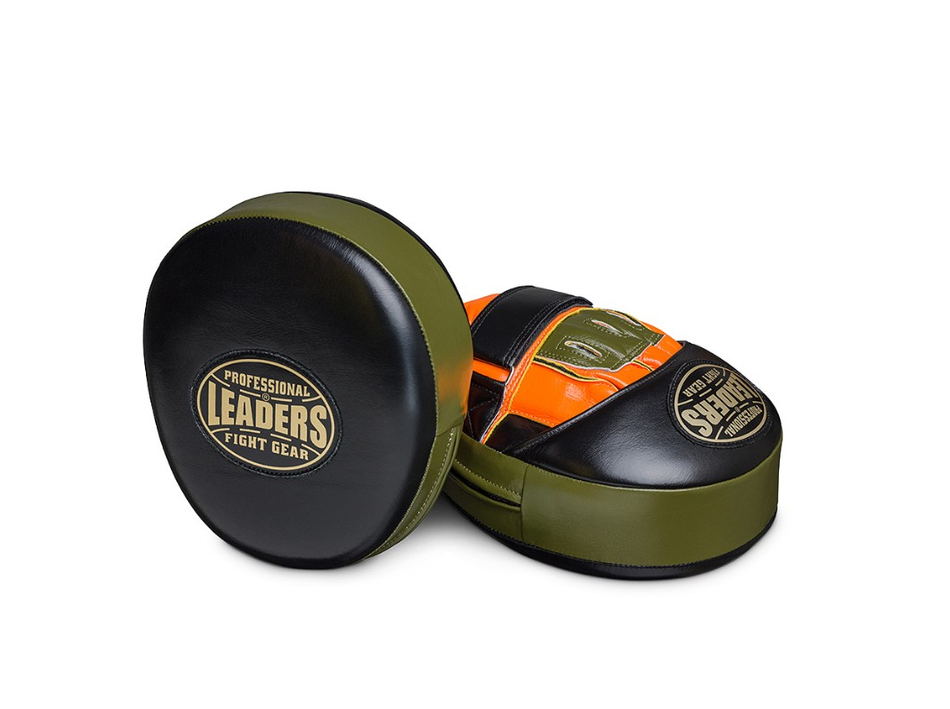 Лапы тренерские LEADERS MID-AIR HYPER BK/OR/OLV (ONE, кожа, черный/оранжевый/оливковый)