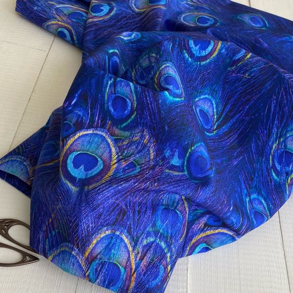 ПЕРО ПАВЛИНА синее , отрез 50 см 100% хлопок Handmade Fabrics 2