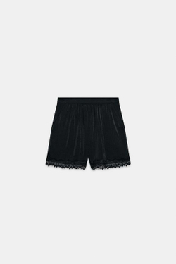 ZARA АТЛАСНЫЕ ШОРТЫ С КРУЖЕВОМ, ЧЕРНЫЙ
