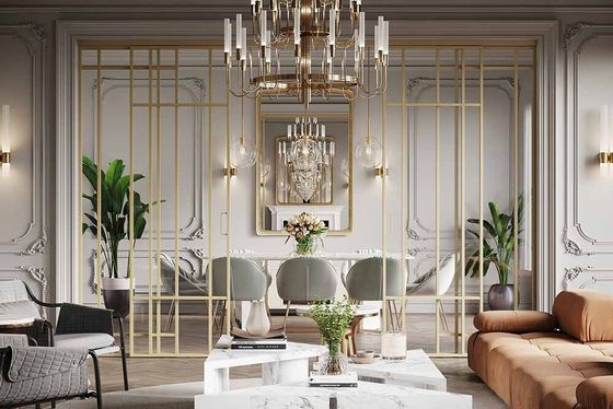 Алюминиевая стеклянная перегородка Классическая эксклюзив золото стекло прозрачное в интерьере