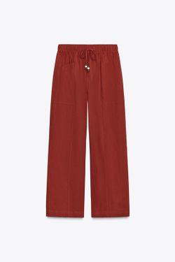 ZARA БРЮКИ ИЗ ЛЬНА СО ШНУРКОМ И БУСИНАМИ, ЧЕРЕПИЧНЫЙ