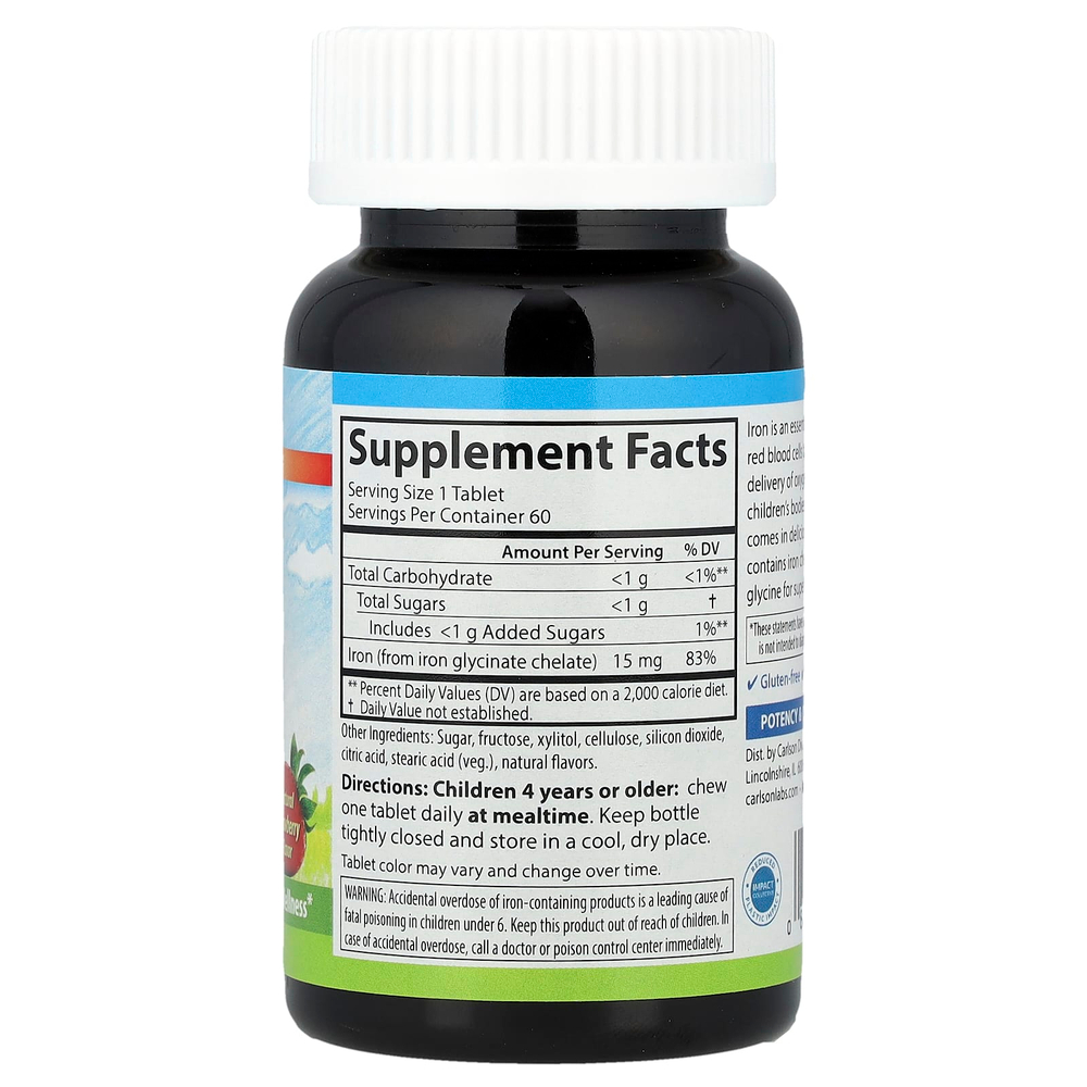 Carlson, Детские жевательные таблетки с железом, натуральный клубничный ароматизатор, 15 мг, 60 таблеток