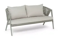 "Амстердам" диван 2-местный плетеный из роупа, каркас алюминий, роуп серый круглый, ткань бежевая