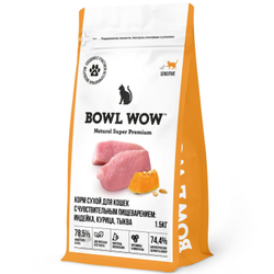 Сухой корм Bowl Wow для кошек с чувствительным пищеварением, с индейкой, курицей и тыквой - 1,5 кг
