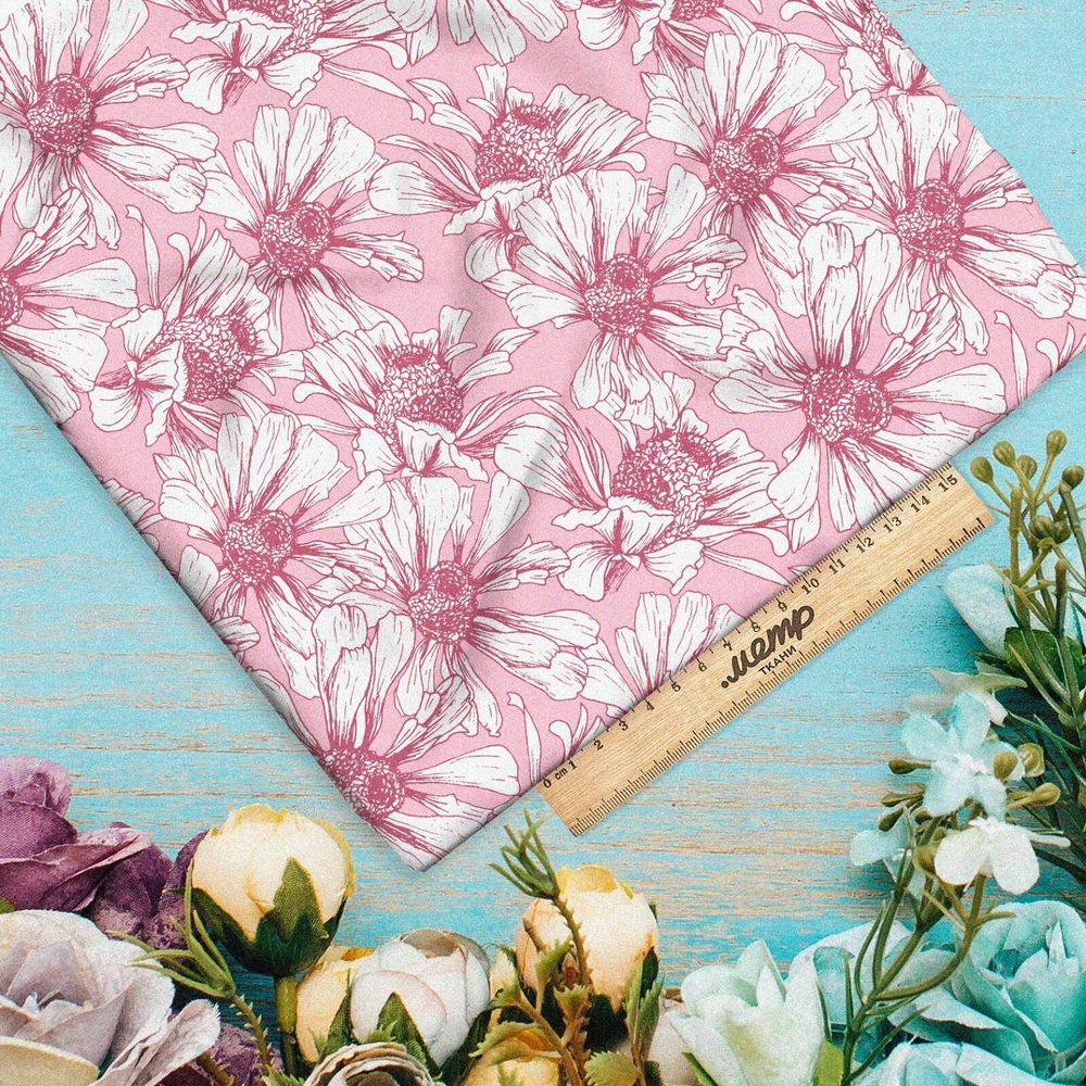 Ткань мембрана воздушно-белые цветы на розовом