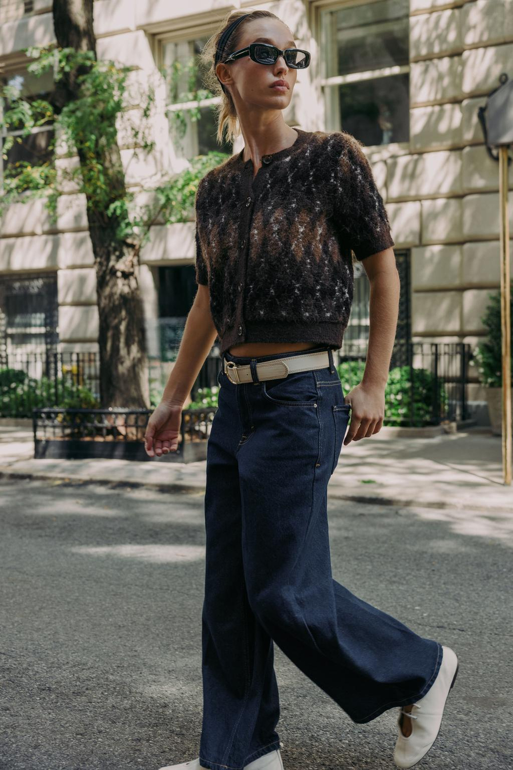 ZARA КАРДИГАН С КОРОТКИМИ РУКАВАМИ И УЗОРОМ «РОМБЫ», КОРИЧНЕВЫЙ