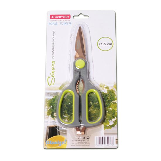 Ножницы кухонные 21,5 см. из нержавеющей стали с орехоколом Kamille КМ-5183 с пластиковыми ручками