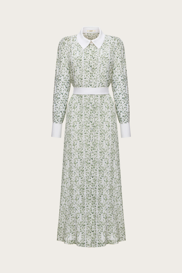Платье-халат из молочного шелкового крепдешина с авторским принтом