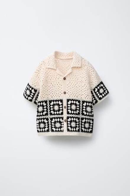 ZARA РУБАШКА ИЗ КРУЖЕВА КРОШЕ, ЭКРЮ/ЧЕРНЫЙ