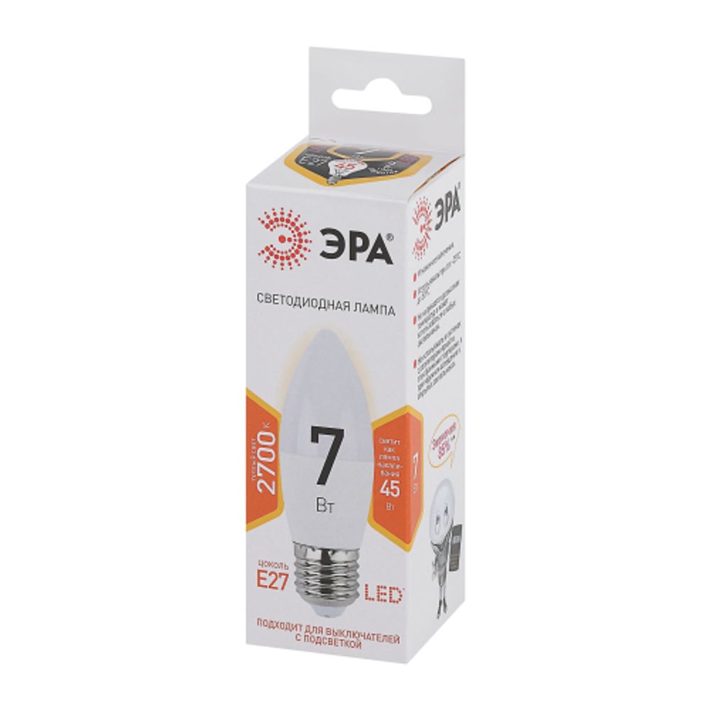 Лампа светодиодная ЭРА STD LED B35-7W-827-E27 7Вт свеча теплый белый свет Е27 | Лампы cветодиодные Свеча (B/C)