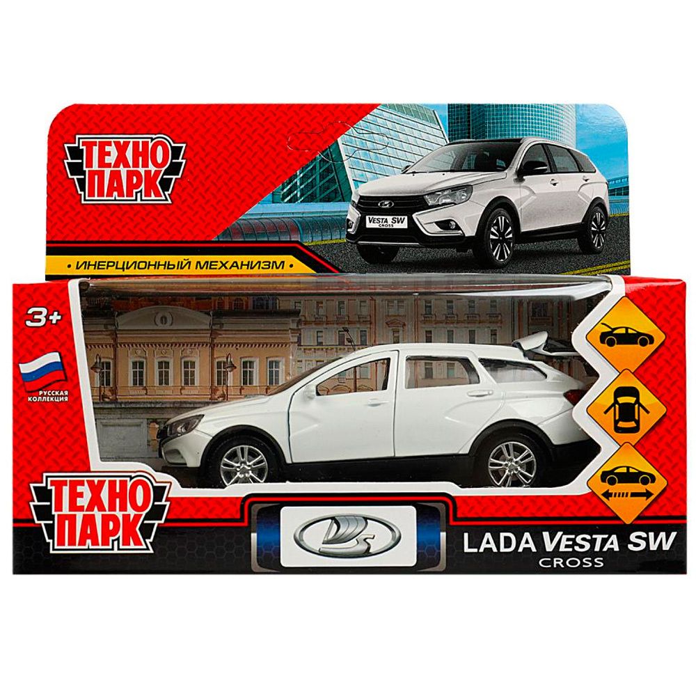 Модель VESTACROSS-12-WH LADA VESTA SW CROSS 12 см, двери, багаж, инерц, белый Технопарк в коробке