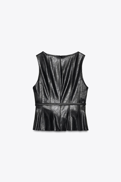 ZARA ТОП С ЭФФЕКТОМ КОЖИ И ПОЯСОМ, ЧЕРНЫЙ