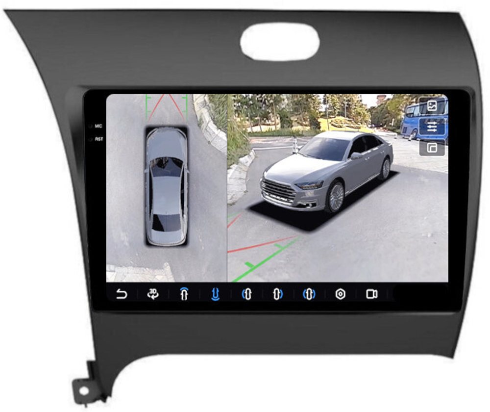 Магнитола для KIA Cerato 3 2013-2018 - FarCar BX280M-360 монитор 9.5" 2K QLED на Android 13, 6Гб+128Гб, CarPlay, 4G SIM-слот, 4 камеры в комплекте